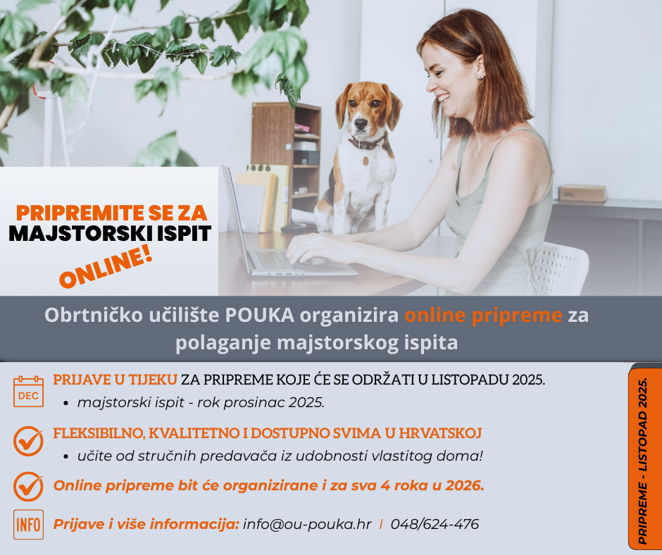 Obrtničko učilište POUKA - obrazovna ustanova organizira online pripreme za polaganje majstorskog ispita 